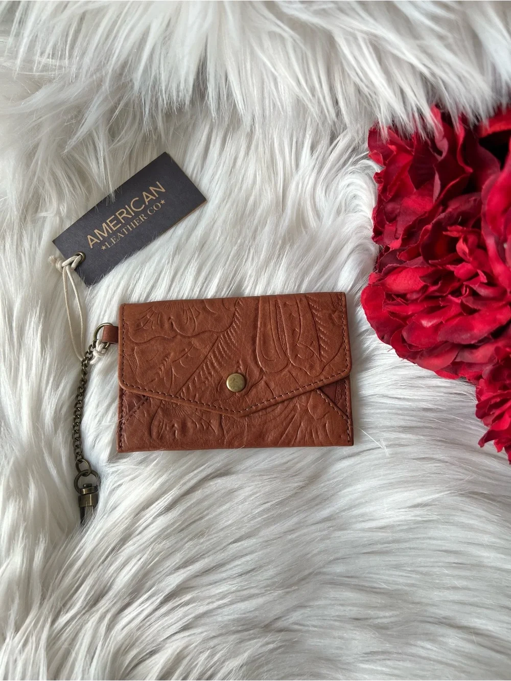 American Leather Co. Embossed Brown Leather Card And Key Wallet